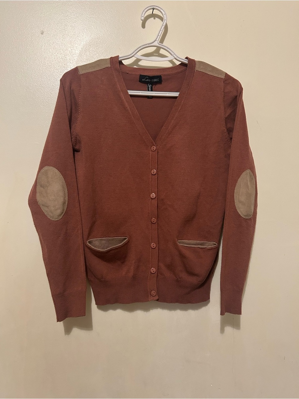 Women’s Rust Brown V-Neck Cardigan with Contrast Elbow Patches